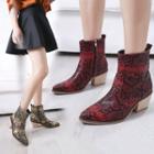 Genuine Leather Snake Print Pointed Low Heel Short Boots