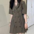 Elbow-sleeve Double-breasted Pleated Blazer Dress