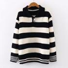 Polo Collar Striped Sweater Stripe - Black - One Size