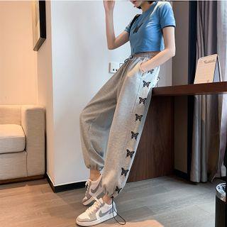 Butterfly Print Gathered Cuff Sweatpants