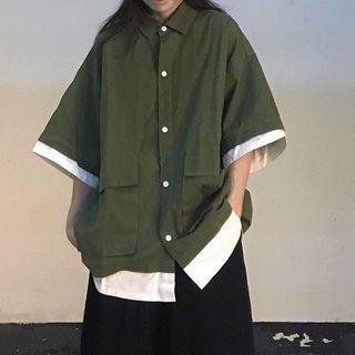 Contrast Trim Elbow-sleeve Shirt Army Green - One Size