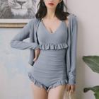Set: Frill Trim Swimsuit + Long-sleeve Cover Up
