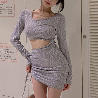 Long-sleeve Cut Out Sheath Dress Gray - One Size