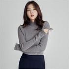 Scallop-edge Mock-neck Ribbed Knit Top