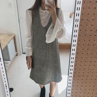 Ruffle Trim Long-sleeve Top / Plaid Sleeveless A-line Dress