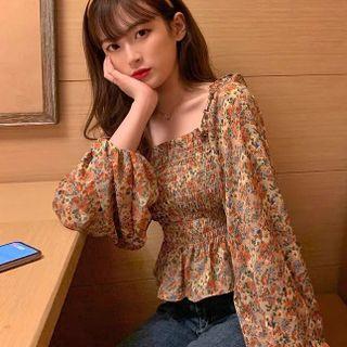 Long-sleeve Floral Print Shirred Peplum Top
