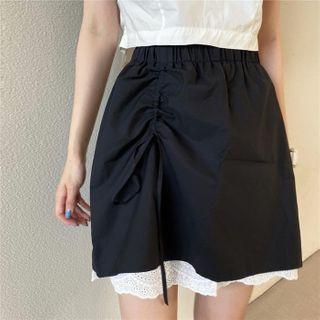 High-waist Drawstring Lace Panel Skirt Black - One Size