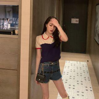 Polo-neck Color Panel Short-sleeve Knit Top