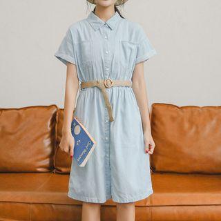 Short-sleeve Denim Shirtdress With Belt As Shown In Figure - One Size