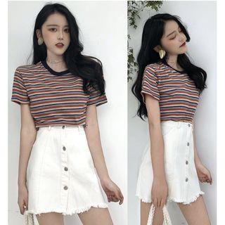 Striped Short-sleeve T-shirt / Denim A-line Skirt
