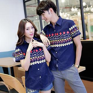 Short-sleeve Patterned Couple Shirt