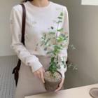 Crew-neck Flower-embroidered Knit Top Light Beige - One Size