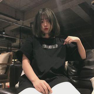 Elbow-sleeve Character T-shirt Black - One Size