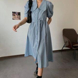 Midi A-line Puff-sleeve Shirtdress
