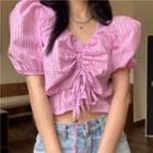 Short-sleeve Gingham Blouse Gingham - Pink - One Size