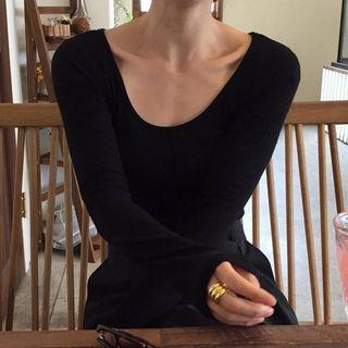 Long-sleeve Plain T-shirt Black - One Size