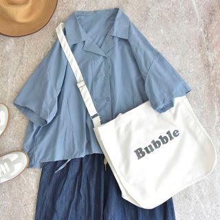 Elbow-sleeve Double-breasted Plain Drawstring Blouse