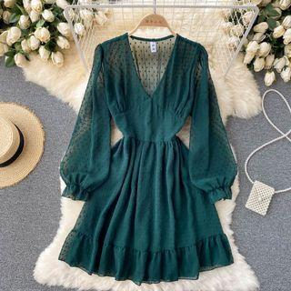 V-neck Sheer Dots Long-sleeve Chiffon Dress