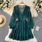 V-neck Sheer Dots Long-sleeve Chiffon Dress