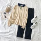 Color-block Long-sleeve Polo-shirt / Straight-leg Cropped Jeans
