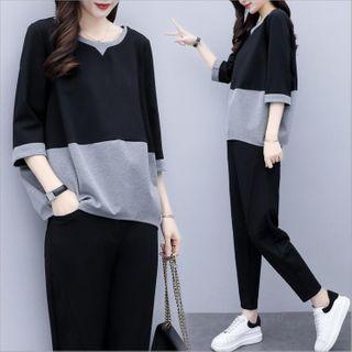 Set: 3/4-sleeve Two Tone T-shirt + Harem Pants