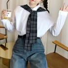 Long-sleeve Shirt Inset Plaid Scarf As Shown In Figure - One Size