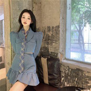 Houndstooth Cropped Blazer / Ruffle Hem Mini Pencil Skirt