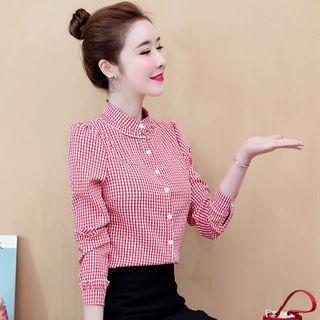 Long-sleeve Checked Buttoned Blouse