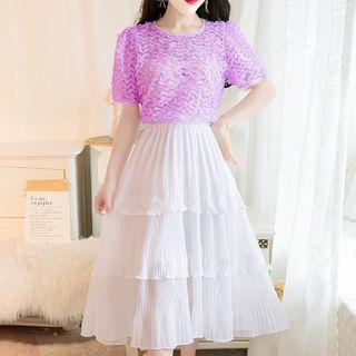 Set: Short-sleeve Mesh T-shirt + Midi A-line Skirt