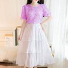 Set: Short-sleeve Mesh T-shirt + Midi A-line Skirt