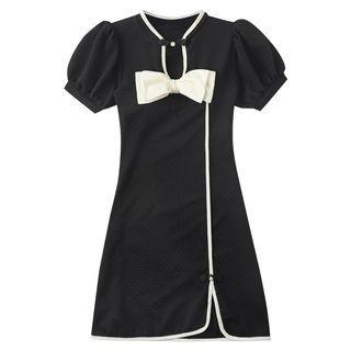 Set: Puff-sleeve Bow Accent Swim Dress + Swim Shorts