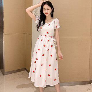 Short-sleeve Strawberry Embroidery Midi A-line Dress