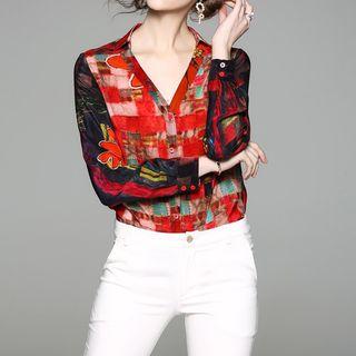 Print V-neck Silk Blouse