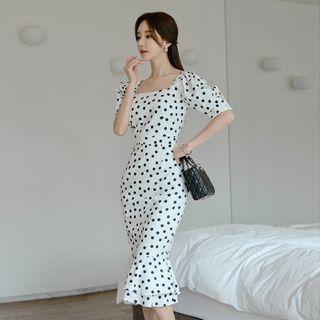 Dotted Puff-sleeve Ruffled Hem Midi Sheath Dress