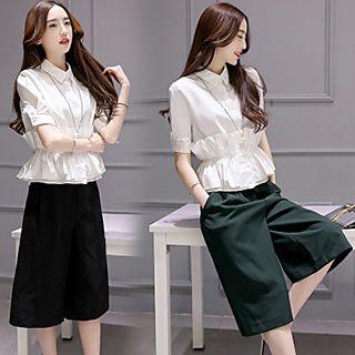 Set: Ruffle Short-sleeve Shirt + Capri Wide Leg Pants