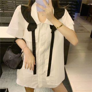 Short-sleeve Tie-strap Mini Shirtdress Black & White - One Size