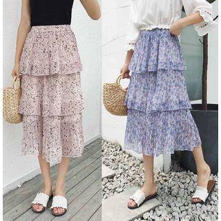 Floral Print Tiered Midi Chiffon Skirt