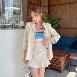 Set: Single-breasted Linen Blend Jacket + Ruffle-hem Skirt