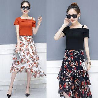 Set: Cold Shoulder Short-sleeve T-shirt + Floral Print Midi Skirt