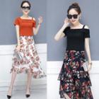 Set: Cold Shoulder Short-sleeve T-shirt + Floral Print Midi Skirt