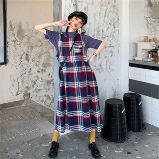 Short-sleeve Plain T-shirt / Plaid A-line Midi Pinafore Dress