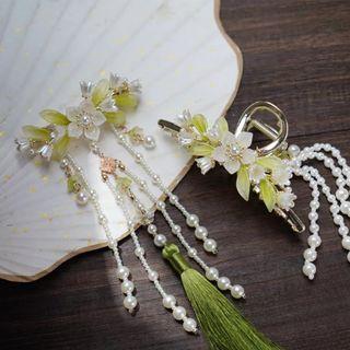 Flower Faux Pearl Fringed Hair Clip / Hair Clamp