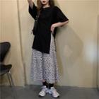 Side-slit Short-sleeve T-shirt / Leopard Print Midi A-line Skirt