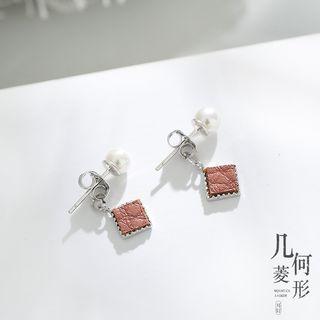 925 Sterling Silver Faux Pearl Leather Square Dangle Earring