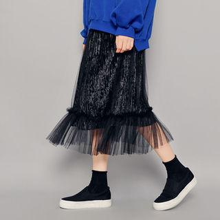 Band-waist Velvet Tulle Midi Skirt
