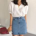 Eyelet Short-sleeve V-neck Blouse / Denim Mini A-line Skirt