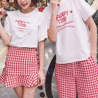 Couple Matching Set: Lettering Short-sleeve T-shirt + Gingham A-line Skirt / Shorts