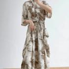 Elbow-sleeve Print Maxi A-line Dress Beige & Black - One Size