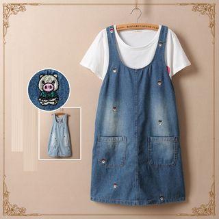 Pig Embroidered Denim Pinafore Dress