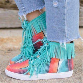 Printed Fringed High-top Sneakers